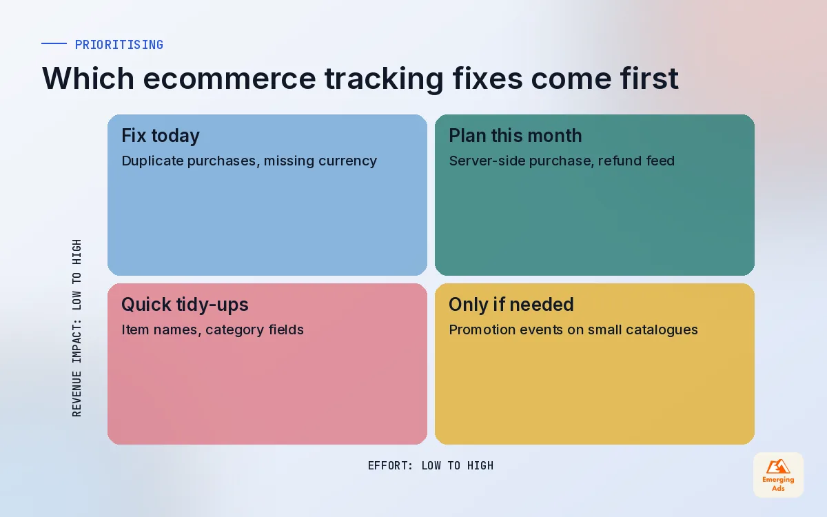 Priority matrix for GA4 ecommerce tracking fixes plotted by effort and revenue impact