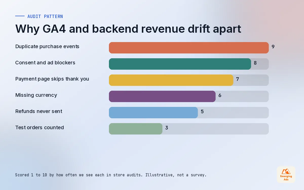 Bar chart of the most common causes of a gap between GA4 revenue and store backend revenue