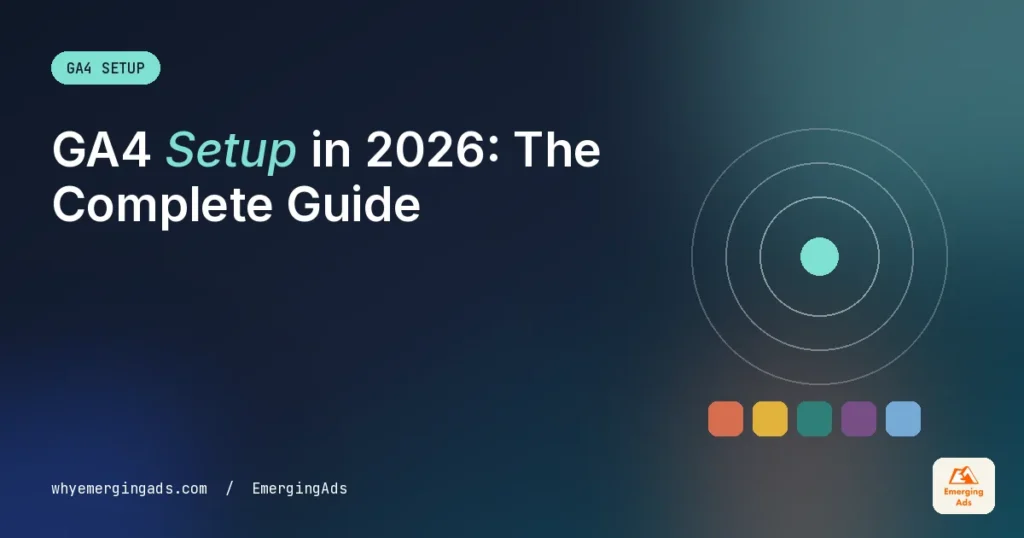 GA4 setup guide cover from the EmergingAds tracking team with the headline GA4 Setup in 2026, The Complete Guide