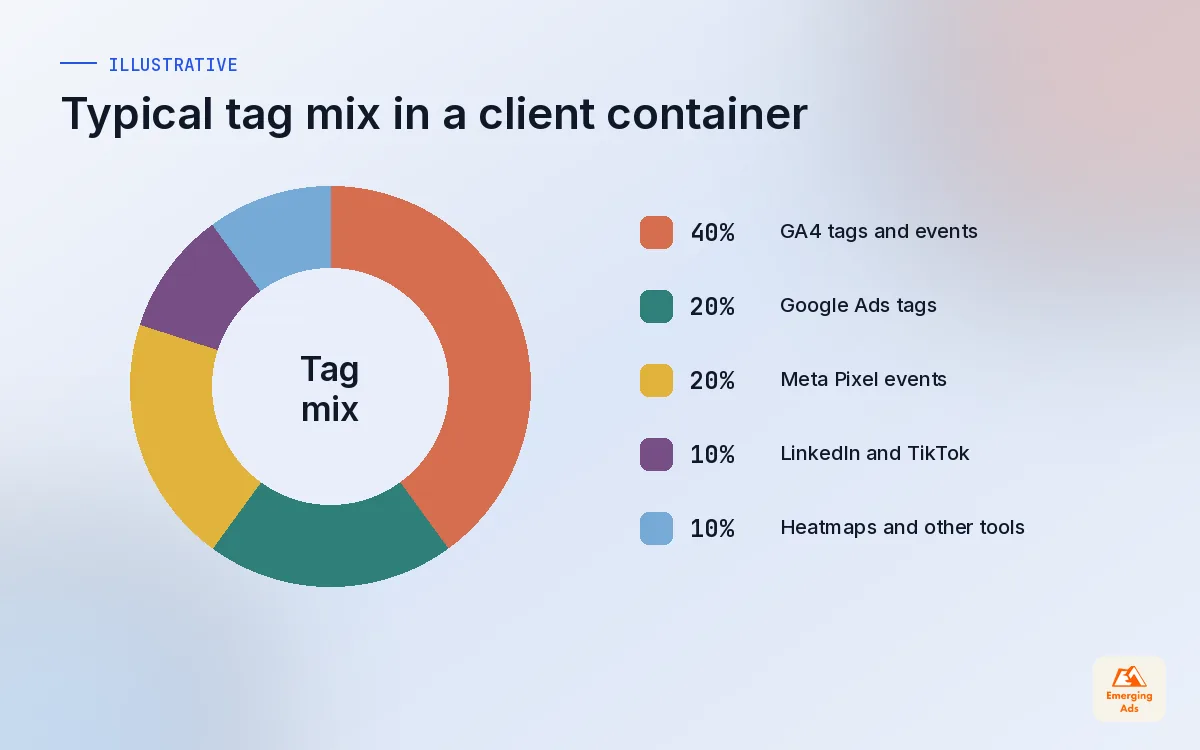 Donut chart of a typical mix of tags in a small business Google Tag Manager container, labelled illustrative