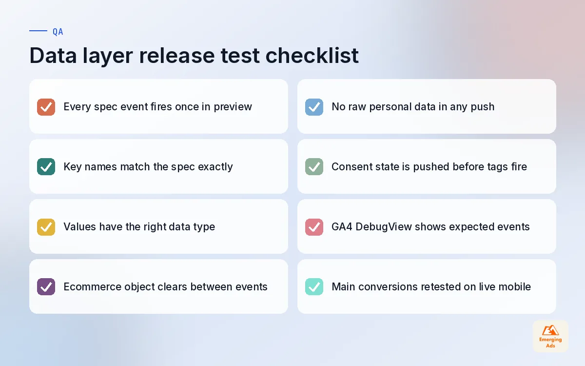 Checklist for testing a GTM data layer release in preview mode and platform debug tools