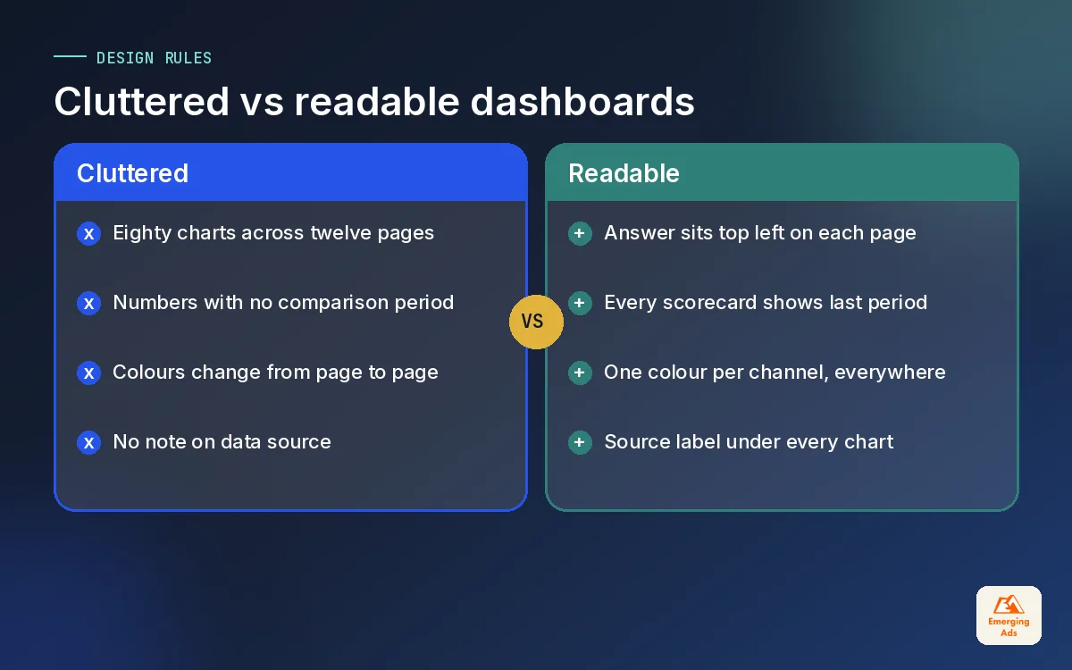 Comparison of a cluttered dashboard with a readable dashboard, listing the habits of each