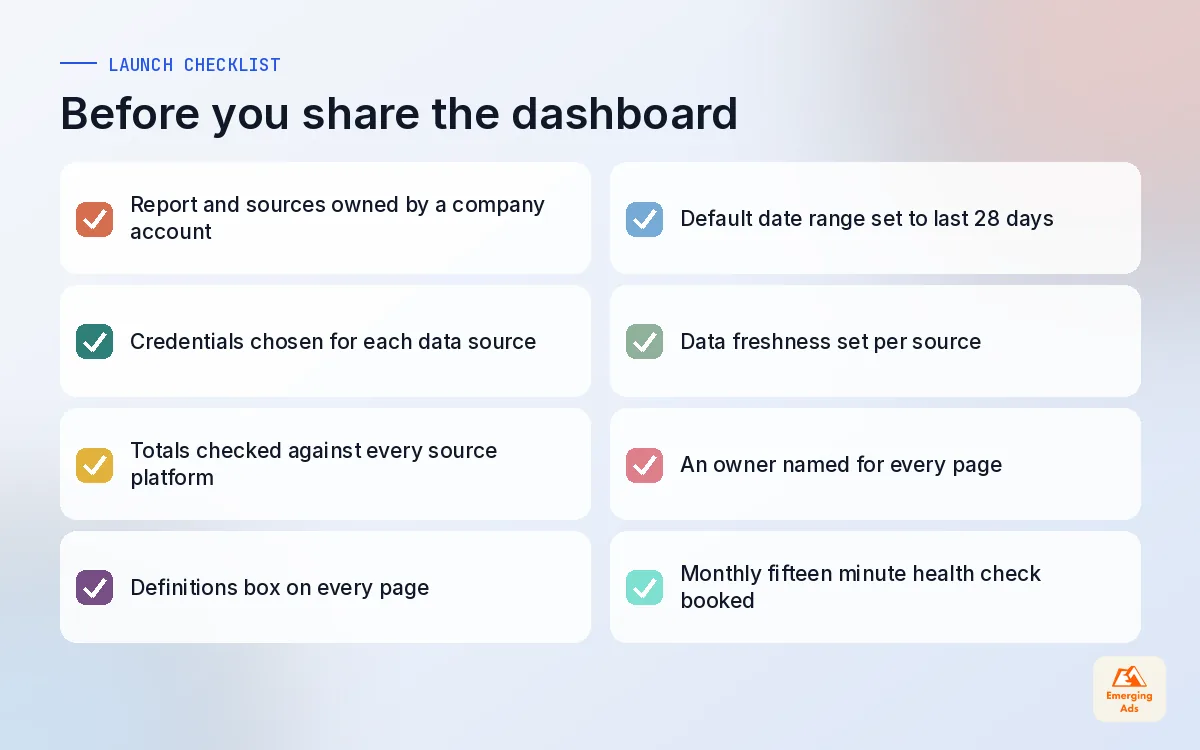 Checklist for launching and maintaining a Looker Studio dashboard, covering ownership, credentials, totals and monthly checks