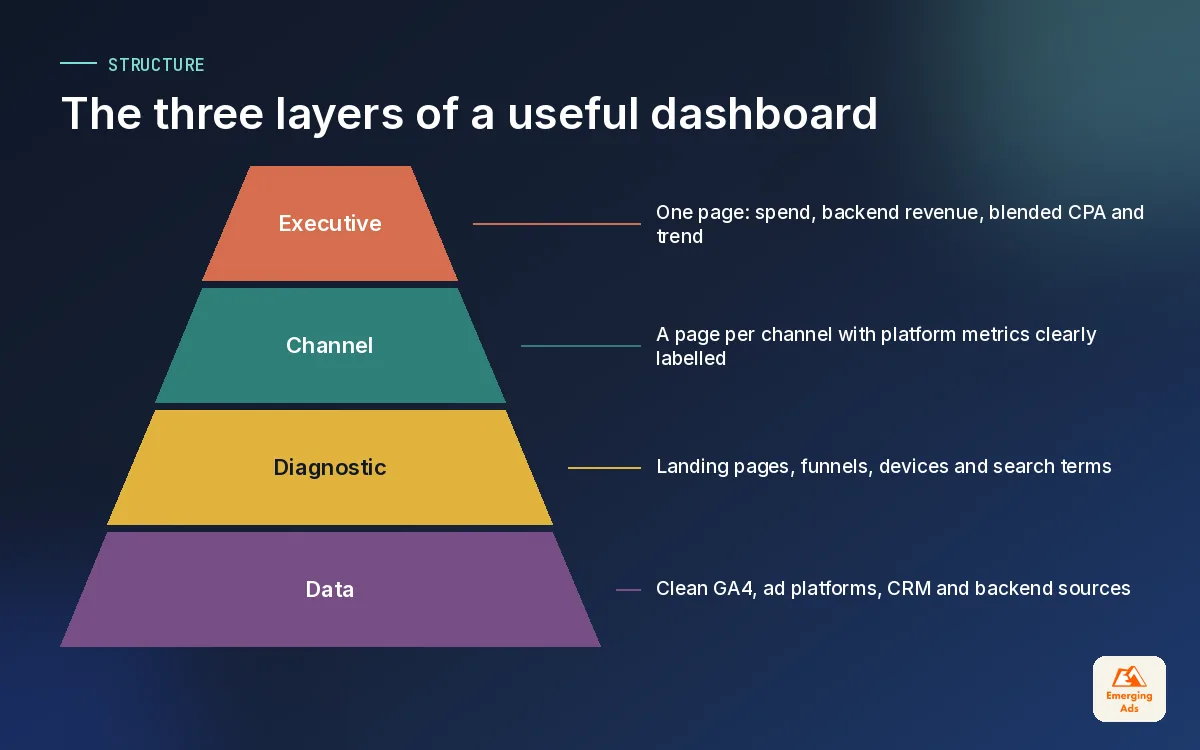 Pyramid of dashboard layers with the executive page at the top, channel pages in the middle and diagnostic pages and data sources at the base