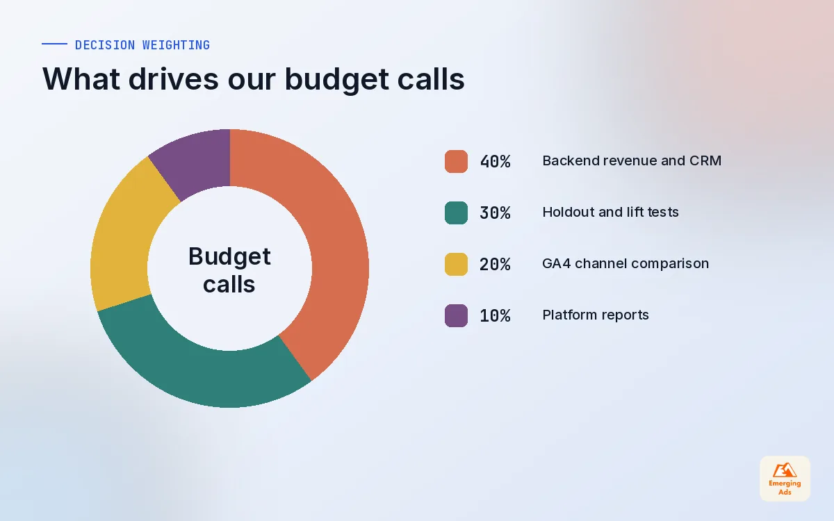 Donut chart showing how we weight backend data, experiments, GA4 and platform reports when making budget decisions