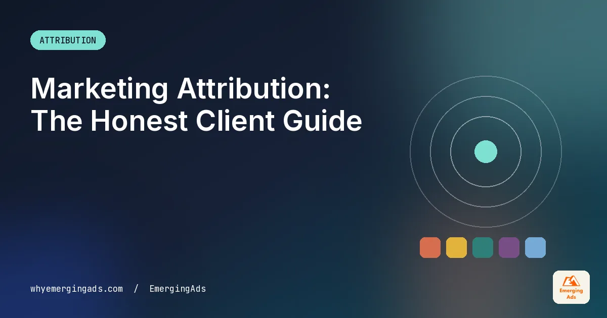 Marketing attribution guide cover in the EmergingAds editorial palette with the headline Marketing Attribution, The Honest Guide We Hand to New Clients