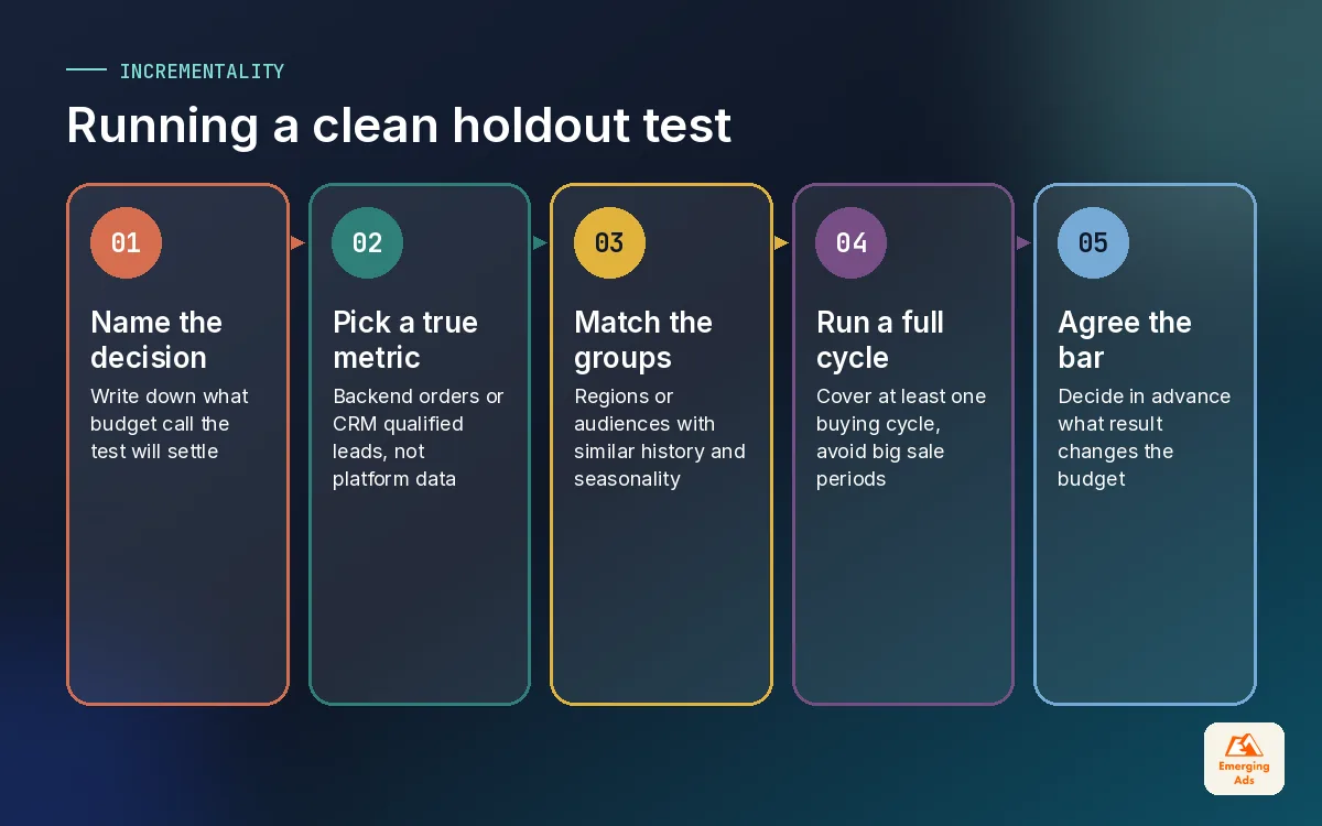 Five step process for running a clean incrementality holdout test, from decision to agreed result threshold