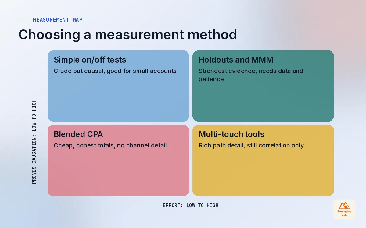 Two by two matrix placing attribution, incrementality tests, media mix modelling and blended CPA by effort and by ability to prove causation
