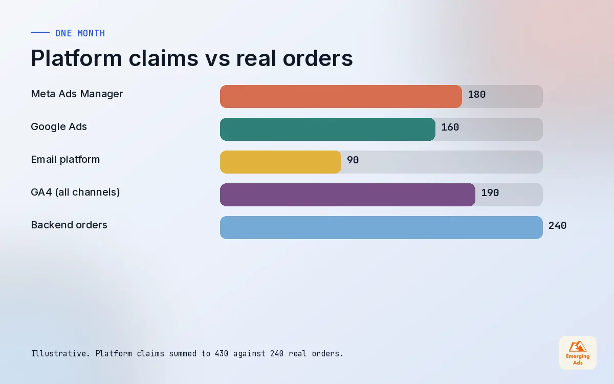 Bar chart comparing conversions claimed by Meta, Google Ads, email and GA4 against actual backend orders for one month
