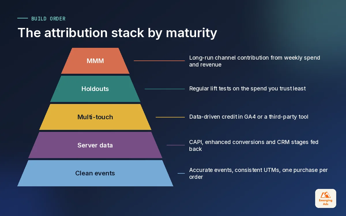 Pyramid showing the marketing attribution stack from clean tracking at the base up to media mix modelling at the top