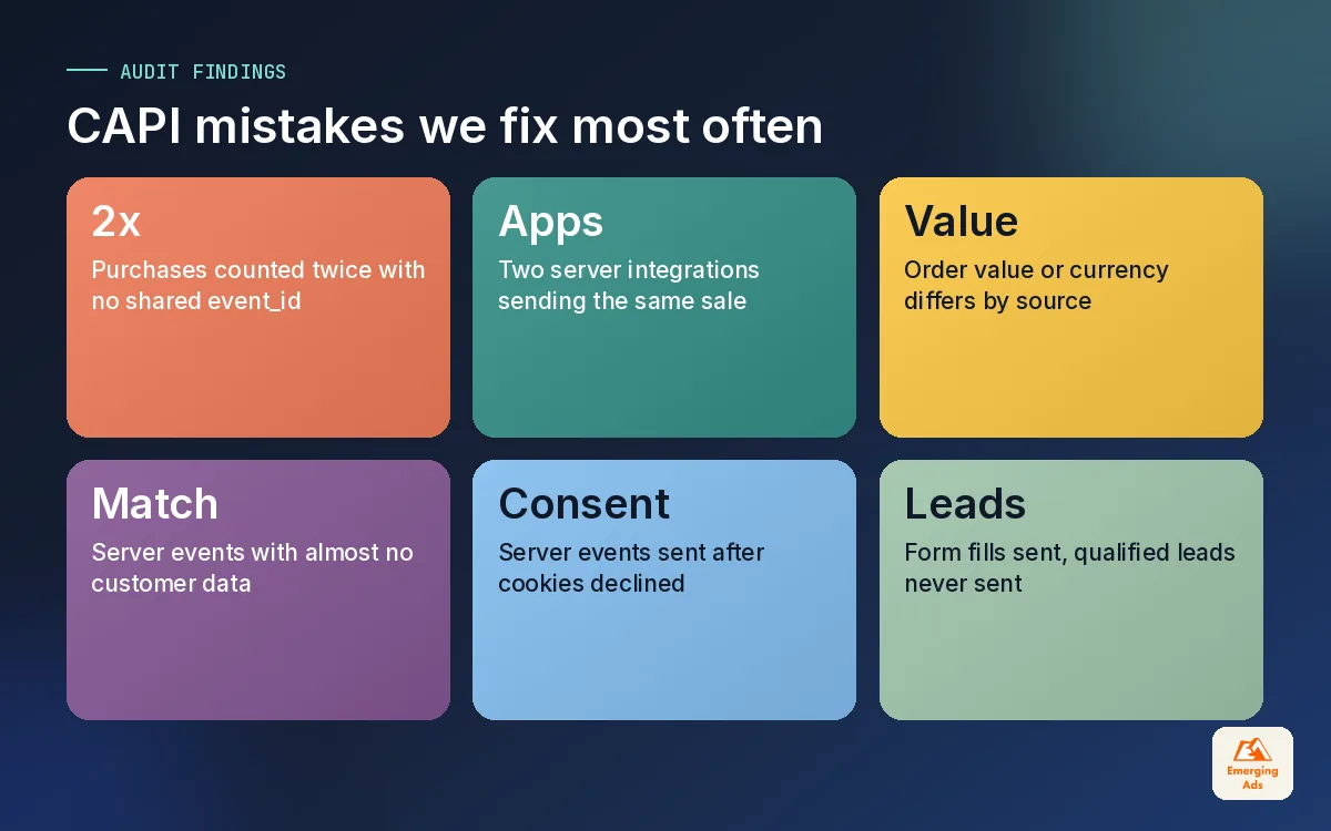 Tiles summarising the most common Meta Conversions API mistakes found in ad account audits