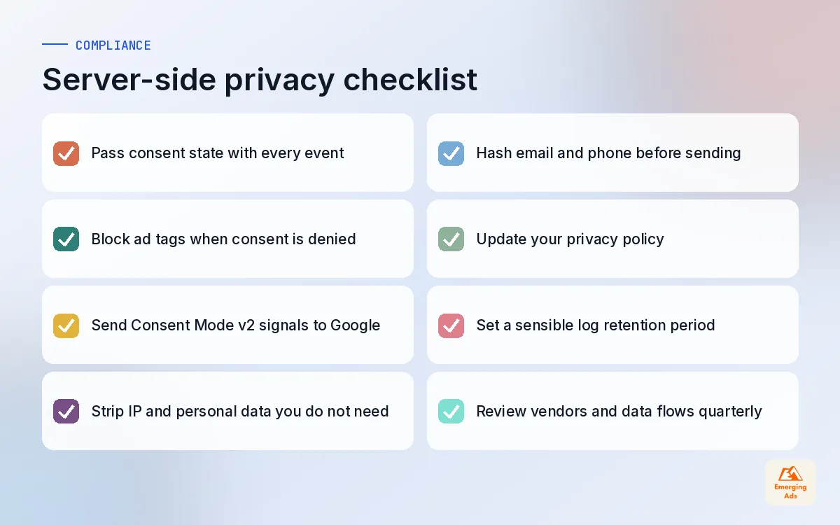 Checklist of privacy responsibilities when running server-side tracking, including consent, hashing and data minimisation