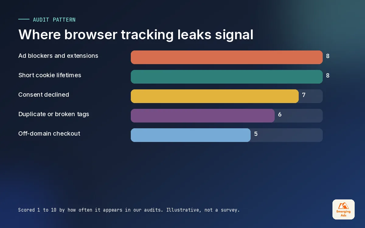 Bar chart ranking the causes of lost conversion signal in browser tracking, from ad blockers to checkout on other domains