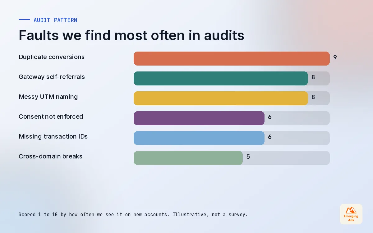Bar chart of the tracking faults we find most often in audits, led by duplicate conversions and gateway referrals