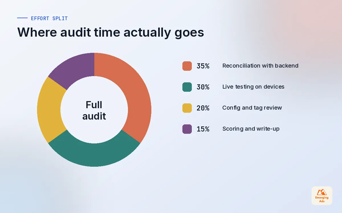 Donut chart showing how we split tracking audit effort between reconciliation, live testing, configuration review and reporting