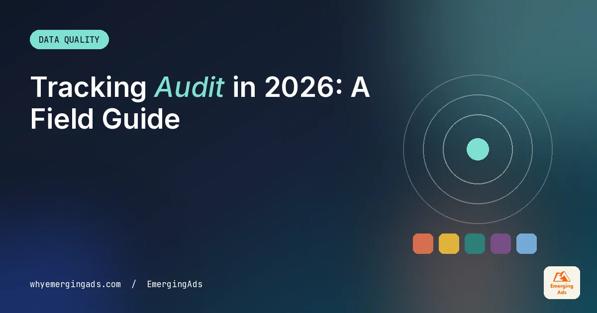 Tracking audit guide cover in the EmergingAds editorial style with the headline Tracking Audit in 2026, A Field Guide From Live Accounts