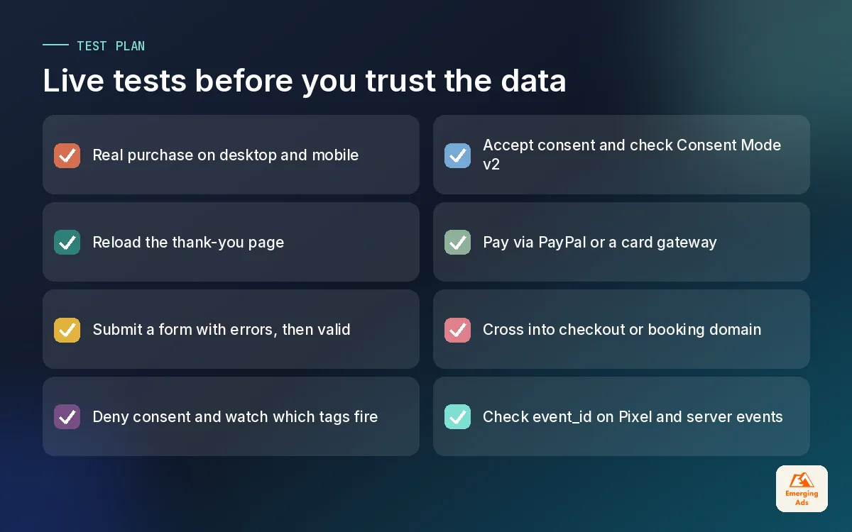 Checklist of live tests to run during a tracking audit including reloads, consent choices and mobile purchases