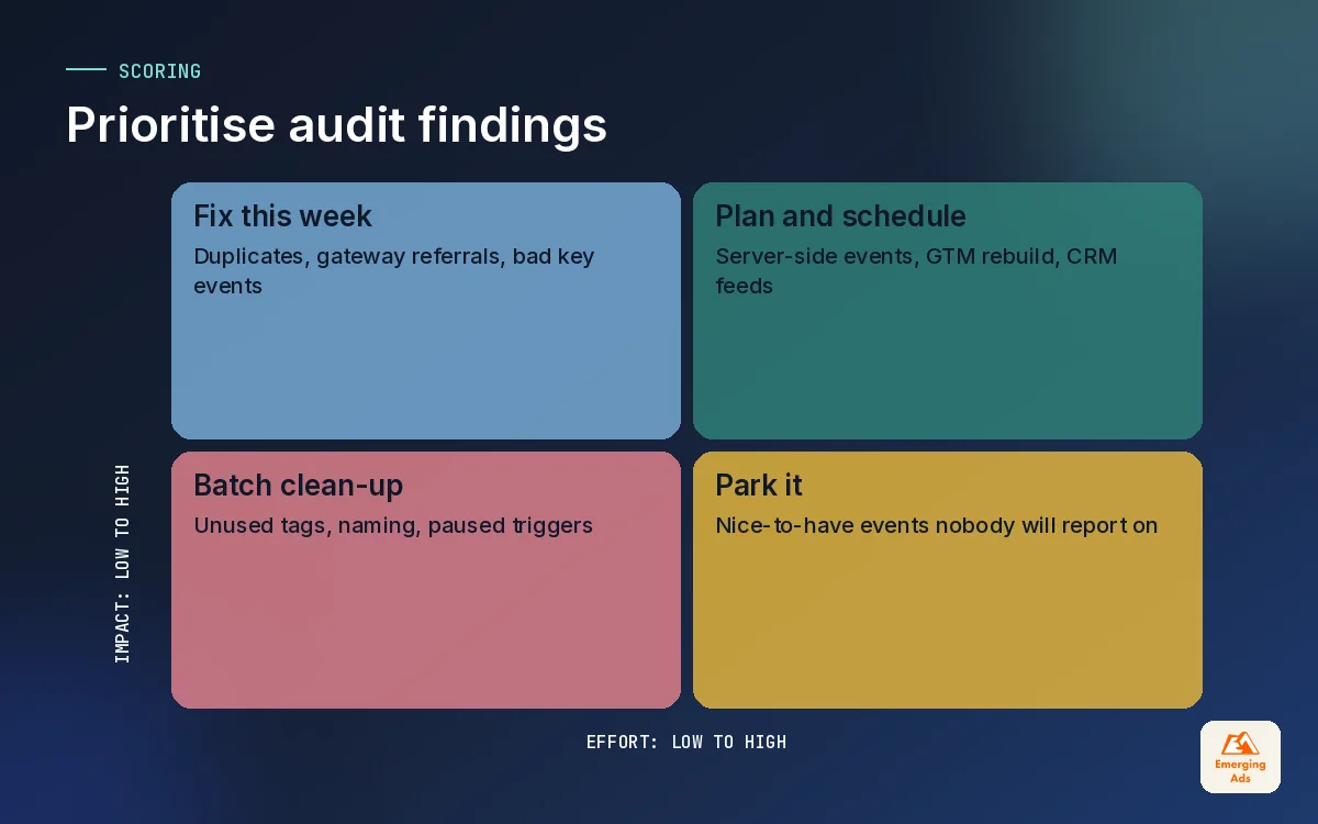 Two by two matrix for prioritising tracking audit findings by impact and effort to fix