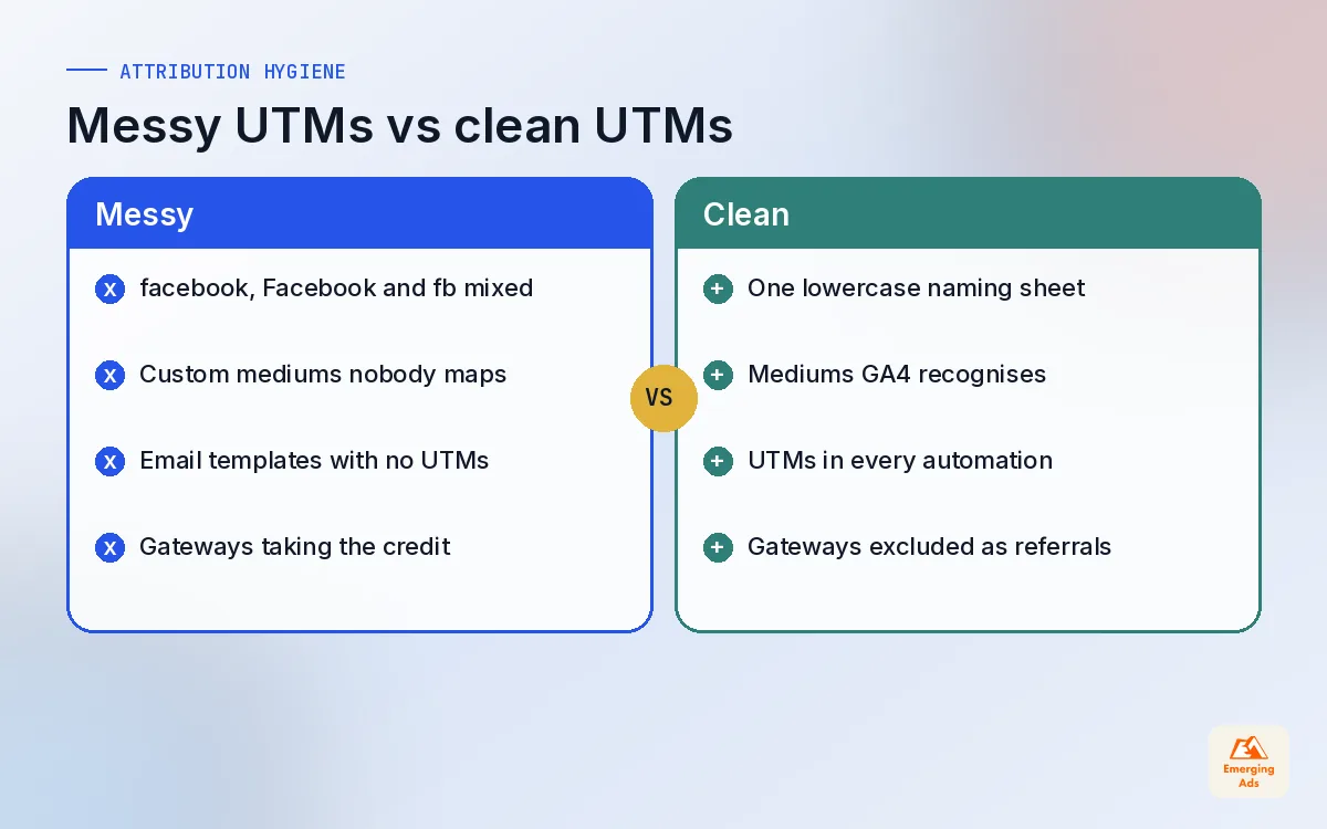 Comparison of messy UTM tagging habits against clean UTM hygiene rules used after a tracking audit